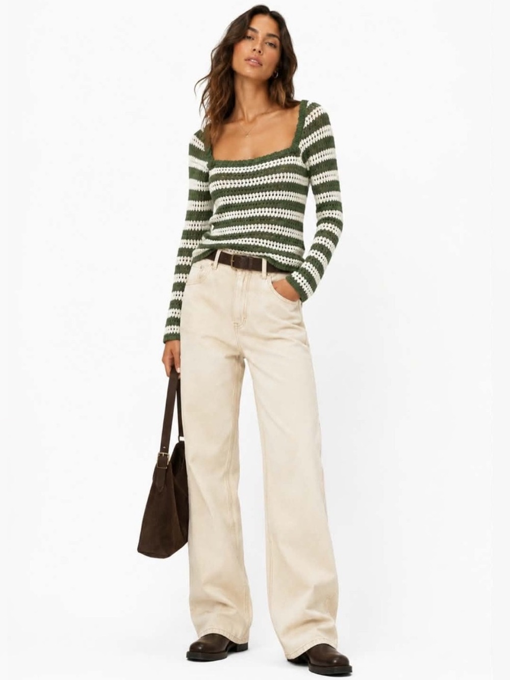 Bluenotes Green White Stripe Cotton Crochet Knit Sweater – Size XL EUC
